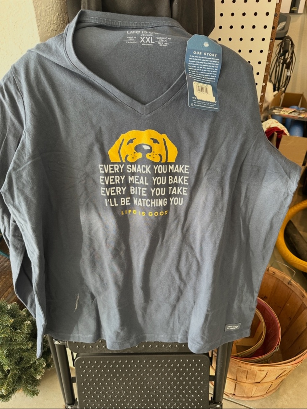 Life Is Good Blue V‑Neck Long Sleeve Tee with Yellow Dog Graphic - XXL